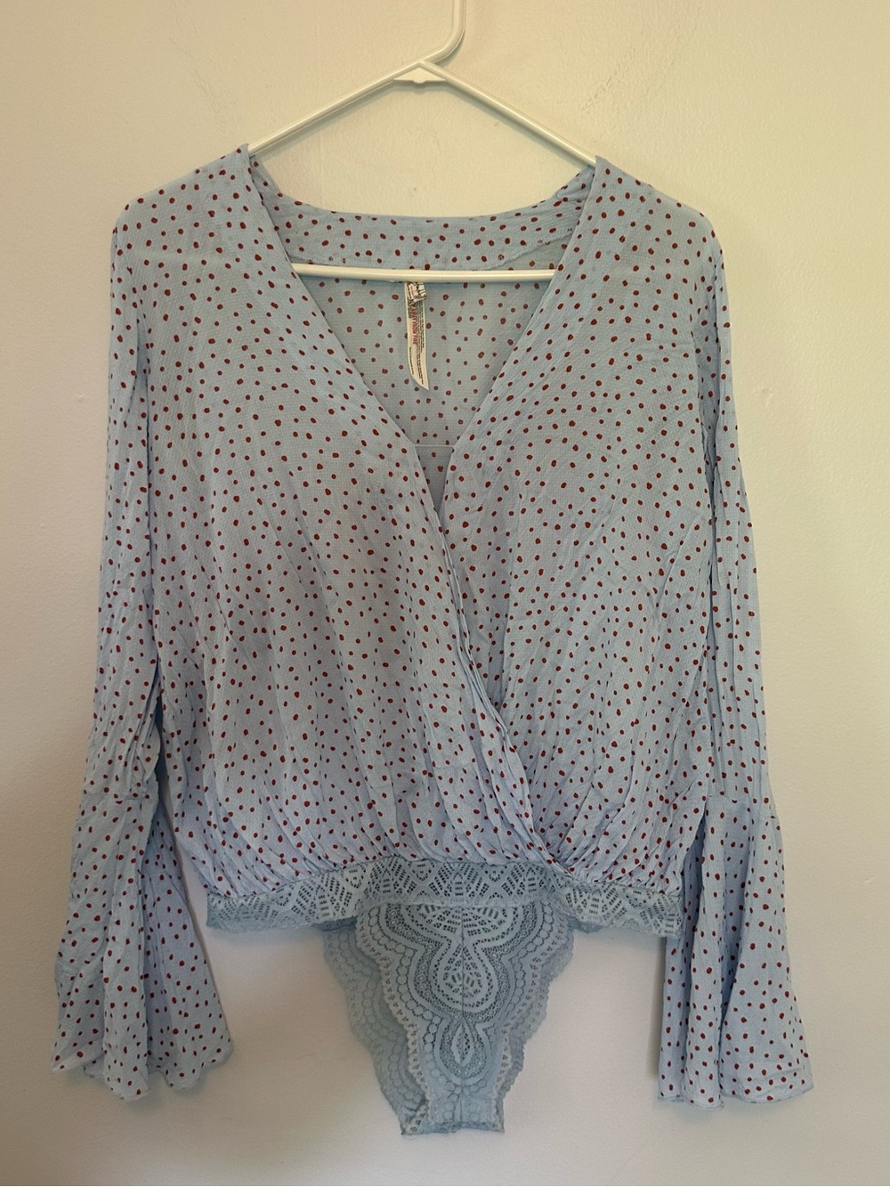Free People Blue and Orange Polka Dot V Neck Bell Sleeve Bodysuit Size Small